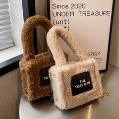 Soft Lambswool Shoulder Tote Bag Fluffy Letters Crossbody Bucket
