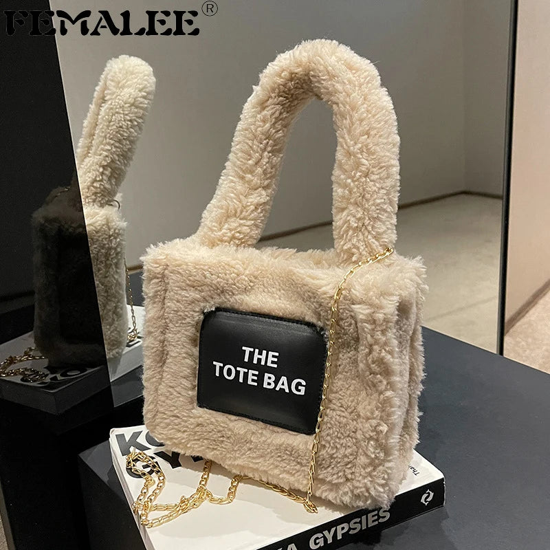 Soft Lambswool Shoulder Tote Bag Fluffy Letters Crossbody Bucket