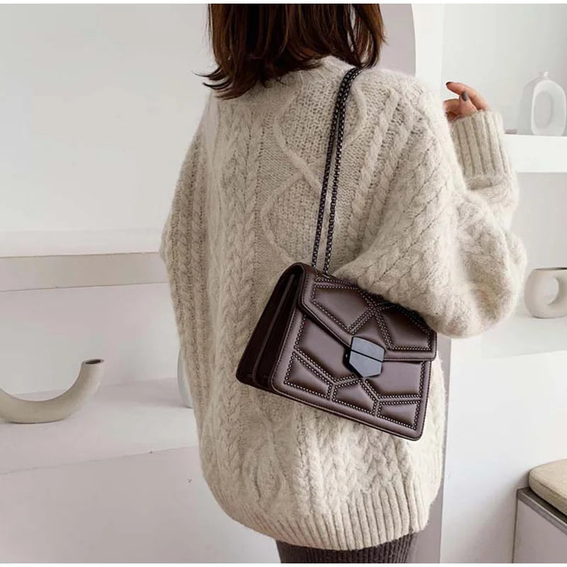 Women PU Leather Rivet Chain Shoulder Bag Handbags Female Crossbody Messenger Ba