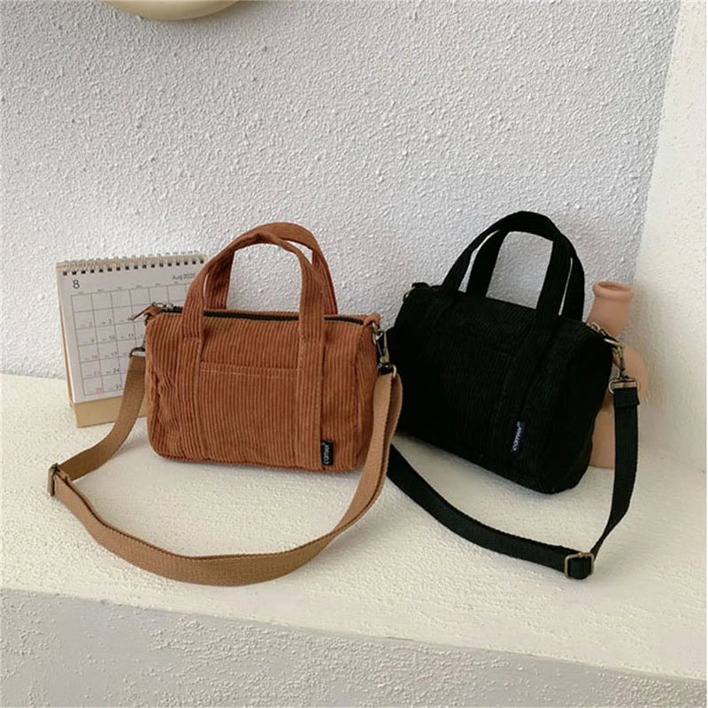 Women's Mini Corduroy Shoulder Bag Canvas Handbag Zipper Totes