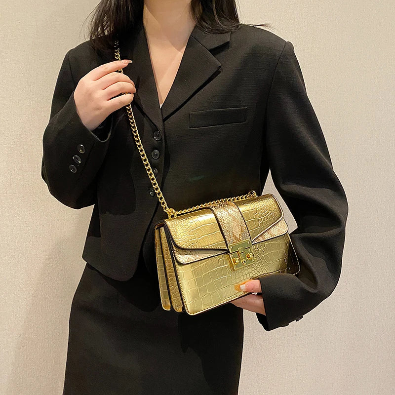 Crocodile Crossbody Small Square Women Bag, Chains Messenger Bag