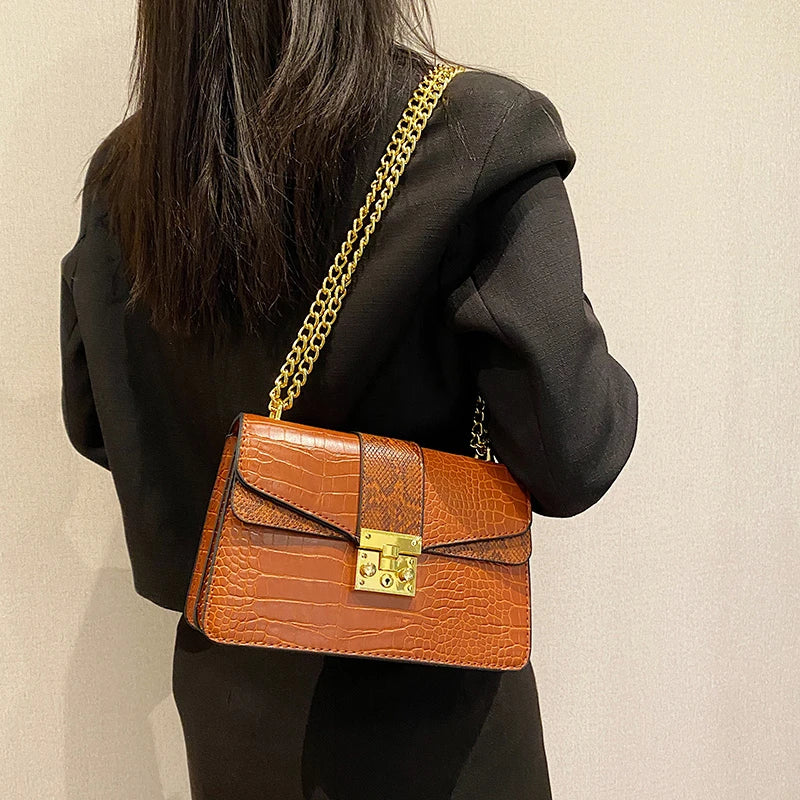 Crocodile Crossbody Small Square Women Bag, Chains Messenger Bag