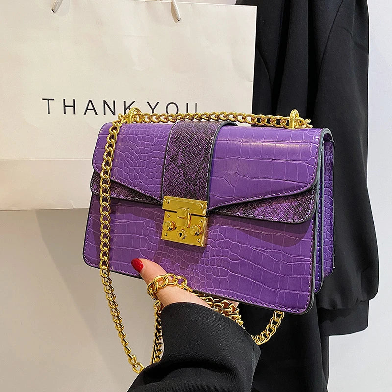 Crocodile Crossbody Small Square Women Bag, Chains Messenger Bag