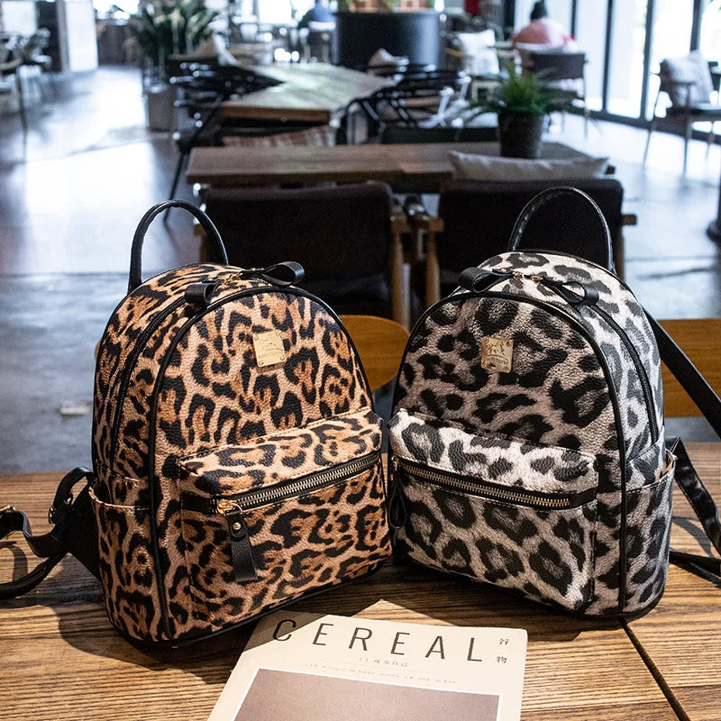 Leopard Print PU Leather Girls School Backpack Bag