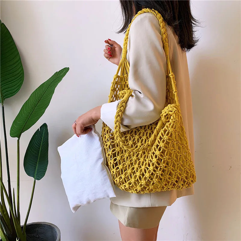 Hollow Out Woven Bag with Cotton Lining for Beach FHC057