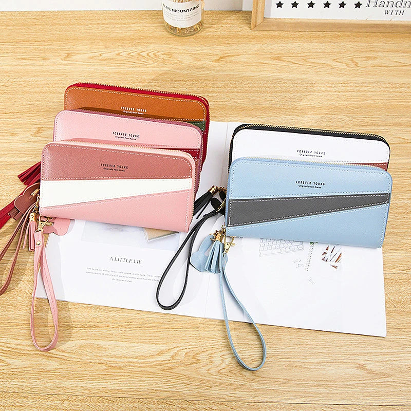 Women's Long Bump Stitching Zipper Tassel Handbag Purse