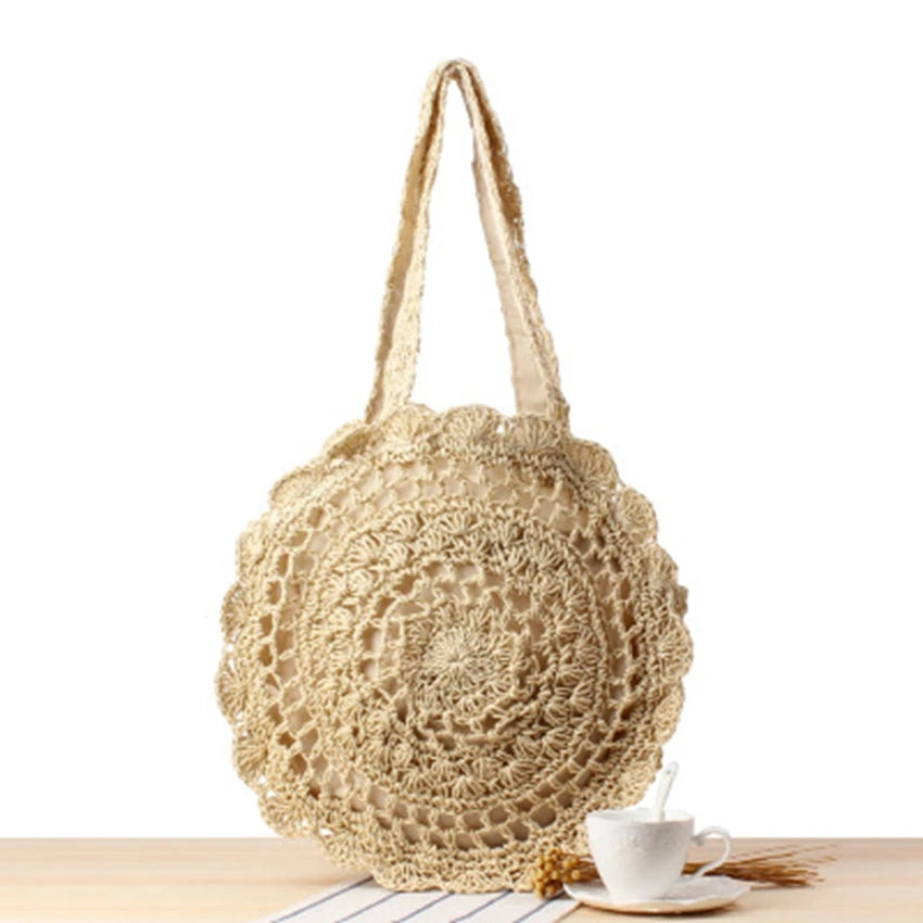 Straw Round Shoulder Bag with Hook Flower for Women
