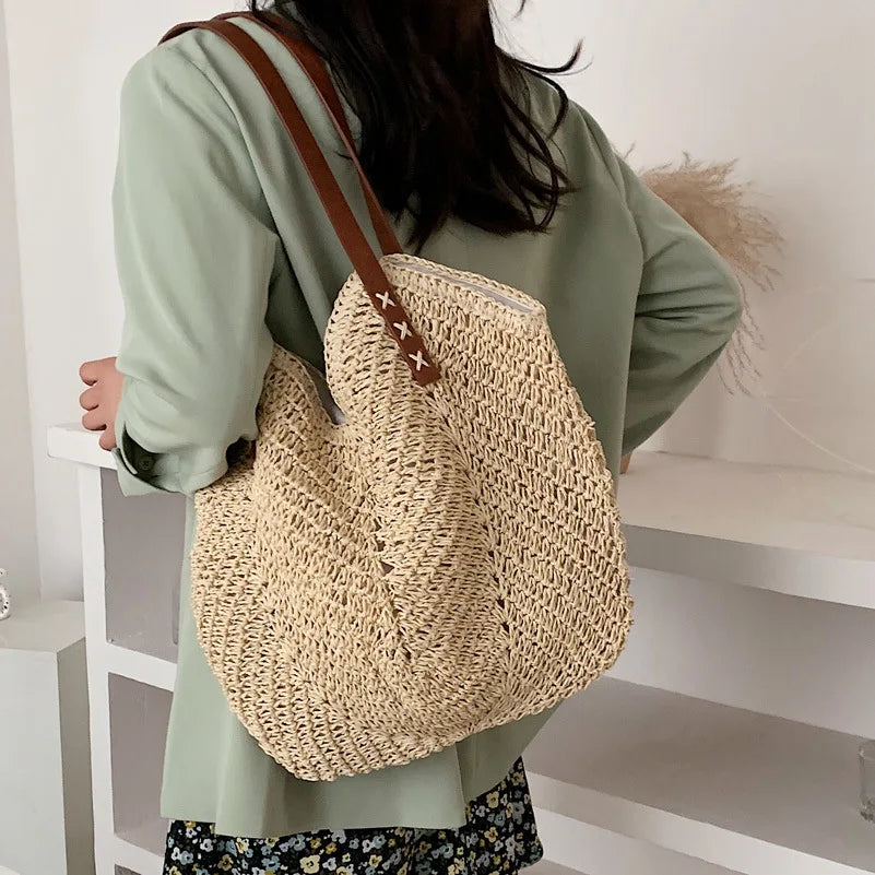 Women's Holiday Hollow Straw Woven Shoulder Bag Large Capacity Casual Beach Tote
