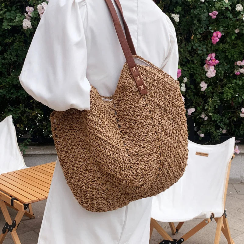 Women's Holiday Hollow Straw Woven Shoulder Bag Large Capacity Casual Beach Tote
