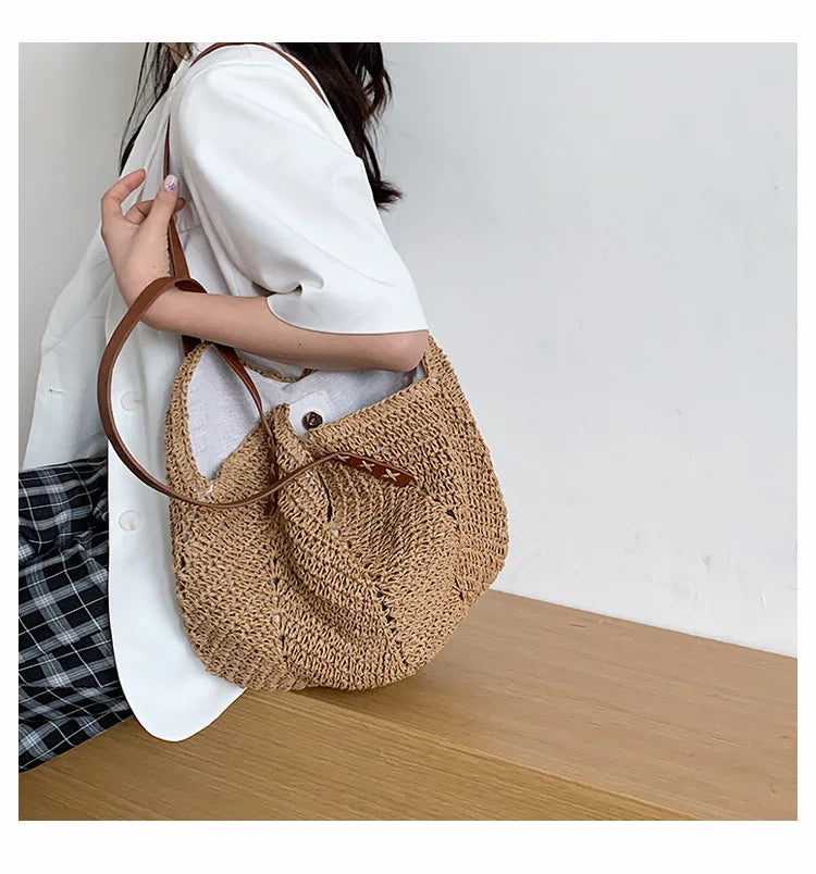 Women's Holiday Hollow Straw Woven Shoulder Bag Large Capacity Casual Beach Tote
