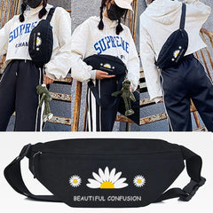 Noble Daisy Printing Waist Bag Male Casual Functional Canvas Crossbody