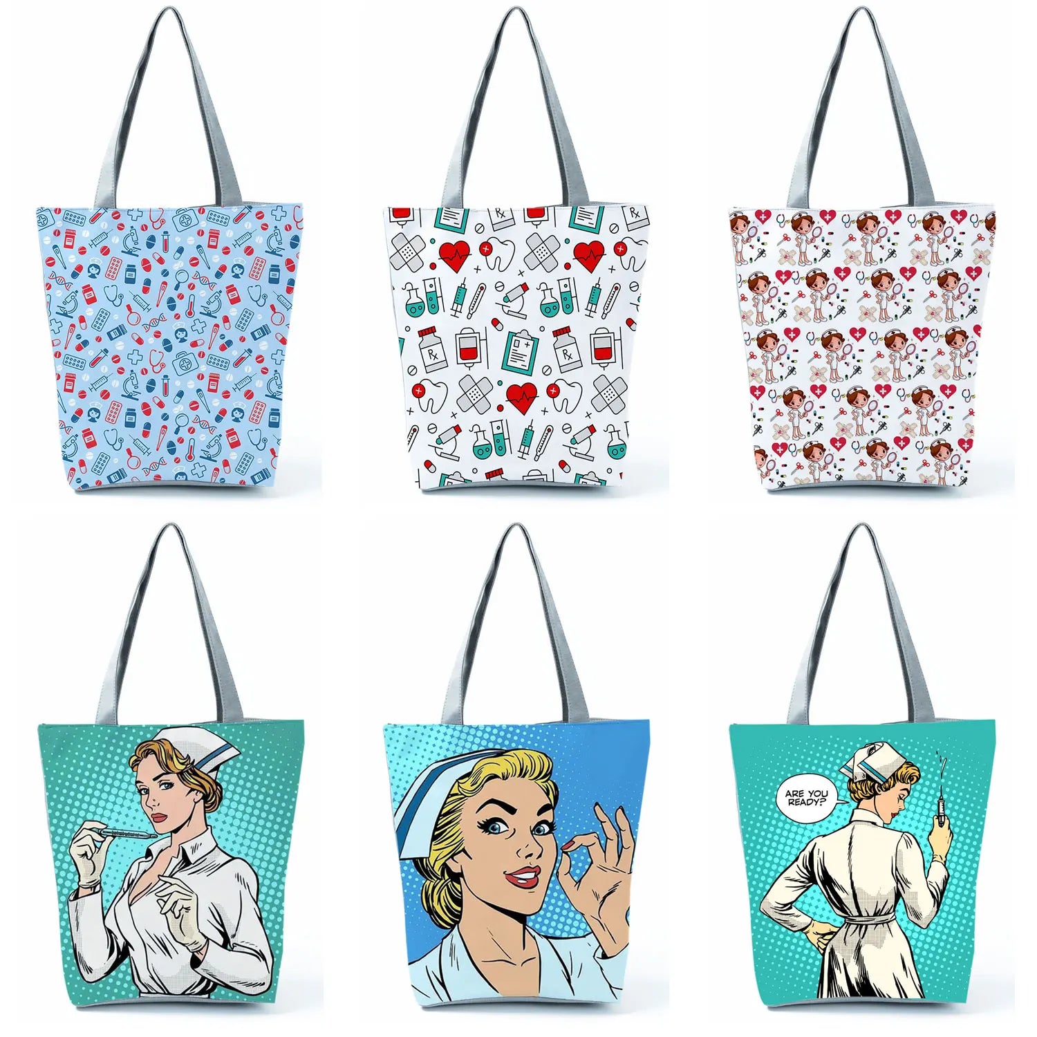 Nurse Print Handbags High Capacity Eco Reusable Shopping Bag