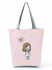 Nurse Printed Handbag Cartoon Women Shoulder Bag Girl Outdoor Travel Beach Bag D