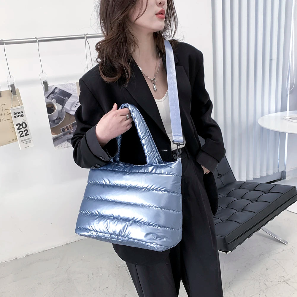 Nylon Padded Handbags Female Large Capacity Top-Handle Bags Solid Crossbody Bag