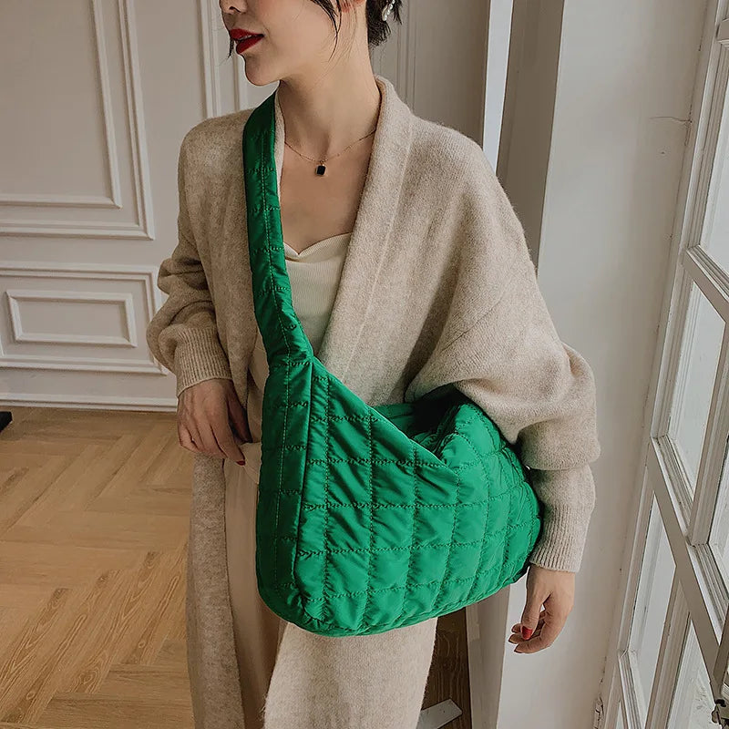 Quilted Shoulder Bag Women Casual Large Tote Handbag Ruched Crossbody Purse