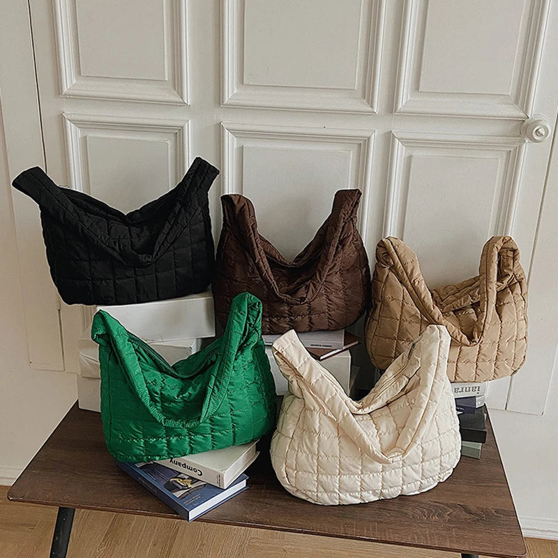 Quilted Shoulder Bag Women Casual Large Tote Handbag Ruched Crossbody Purse