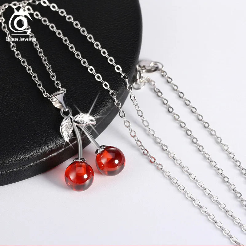 925 Silver Red Stone Cherry Pendant Necklace Women Silver Jewelry SN03