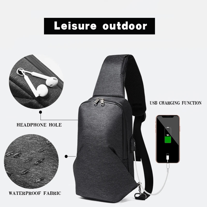 Water Repellent Crossbody Bag for Men, 9.7 inch iPad Chest Bag with USB Charging