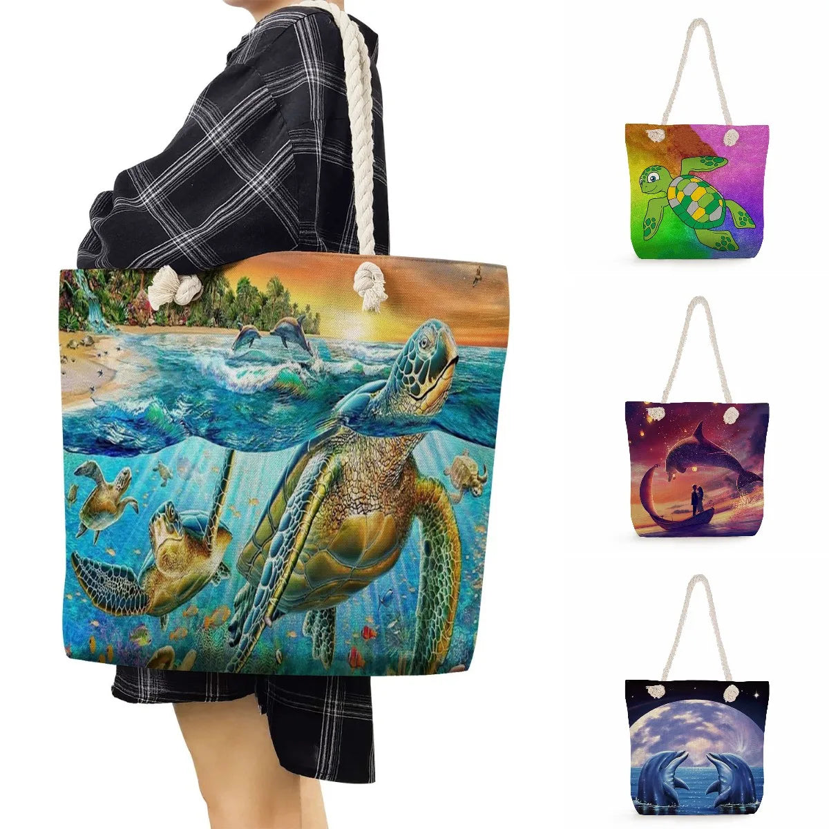 Ocean Series Foldable Women Groceries Shopping Bags Turtle Whale Print Handbags