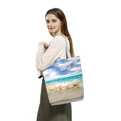 Ocean Shell Print Tote Bag Shoulder Bag Foldable Reusable Shopping Beach Bag
