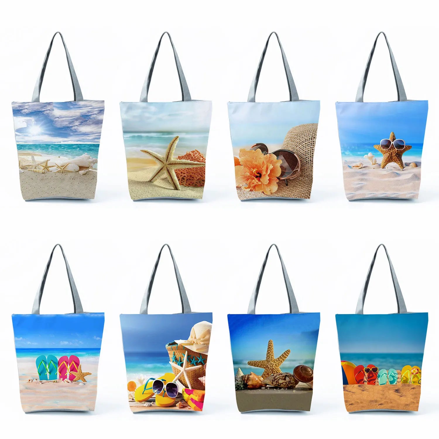 Ocean Shell Print Tote Bag Shoulder Bag Foldable Reusable Shopping Beach Bag