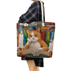 Oil Painting Cat Printed Womens Tote Bags Thick Rope Linen Reusable Shopping Bag