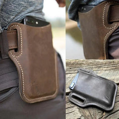 Men Leather Vertical Pockets Multifunctional Outdoor Belt Phone Bag