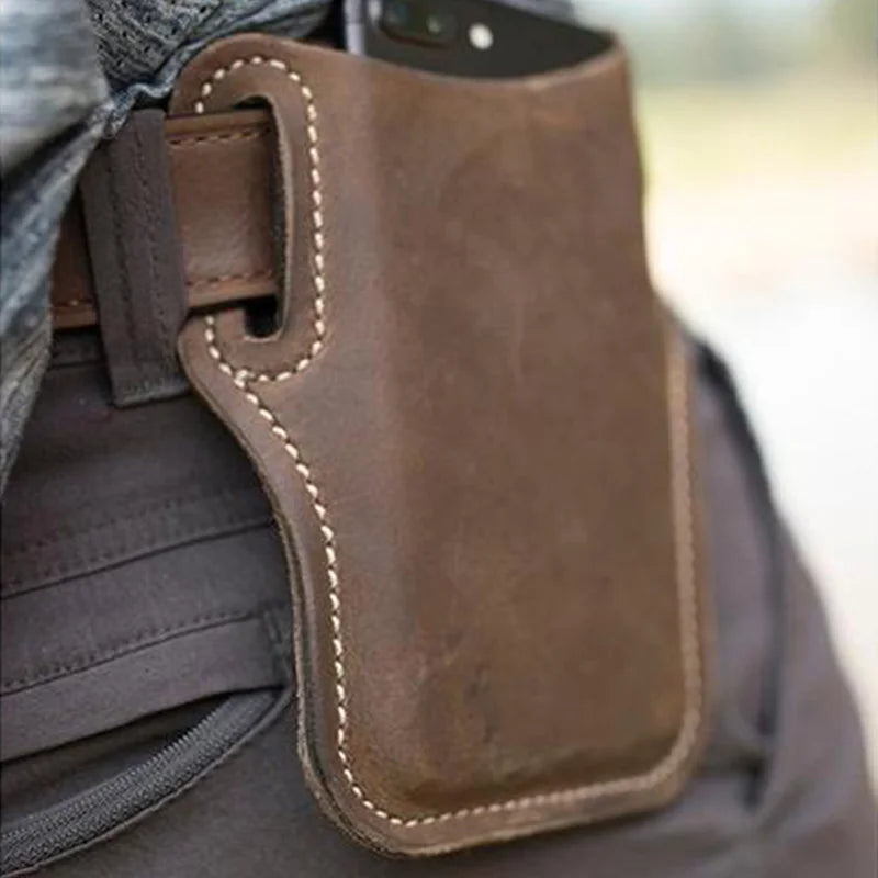 Men Leather Vertical Pockets Multifunctional Outdoor Belt Phone Bag