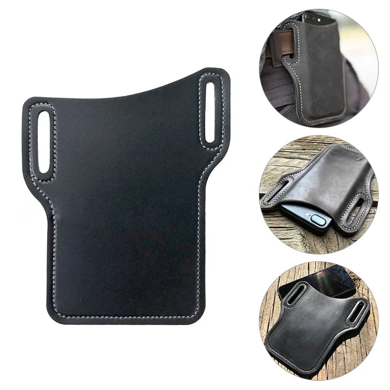 Men Leather Vertical Pockets Multifunctional Outdoor Belt Phone Bag
