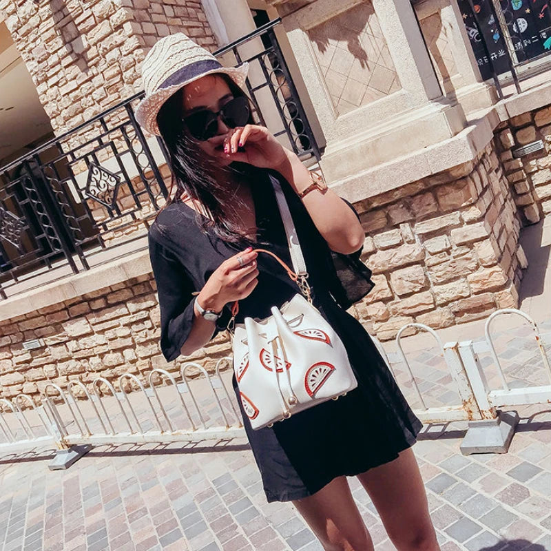 PU Drawstring Bag Women Crossbody Printed Buckets Large Capacity Style All-match