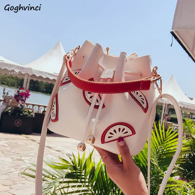 PU Drawstring Bag Women Crossbody Printed Buckets Large Capacity Style All-match