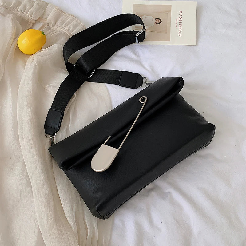 PU Leather Crossbody Bag Flap Handbag Wide Strap Shoulder Bag