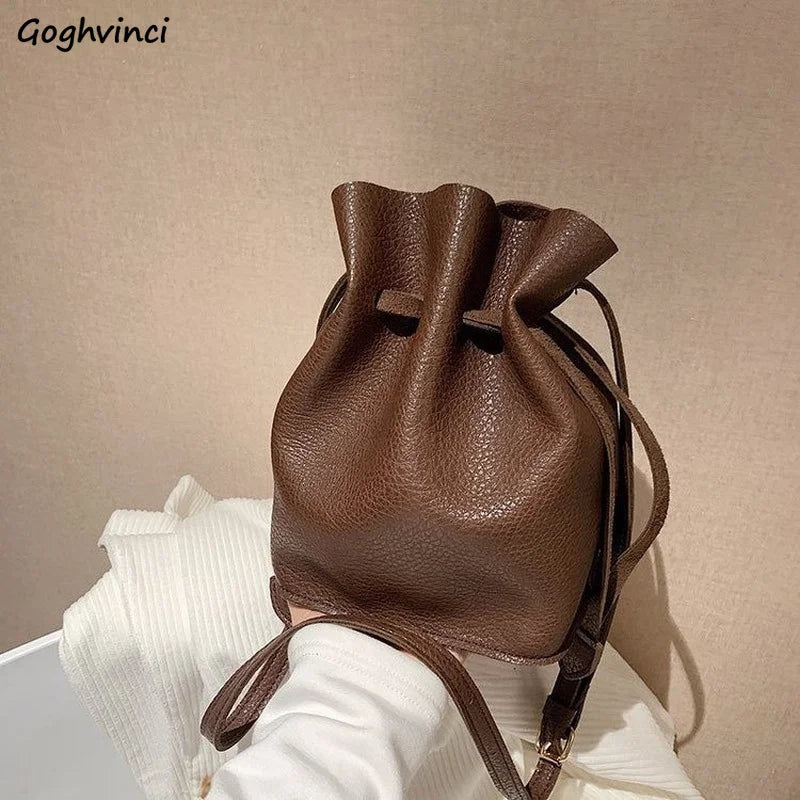 PU Leather Mini Bag Drawstring Solid Shoulder Bags Women Crossbody