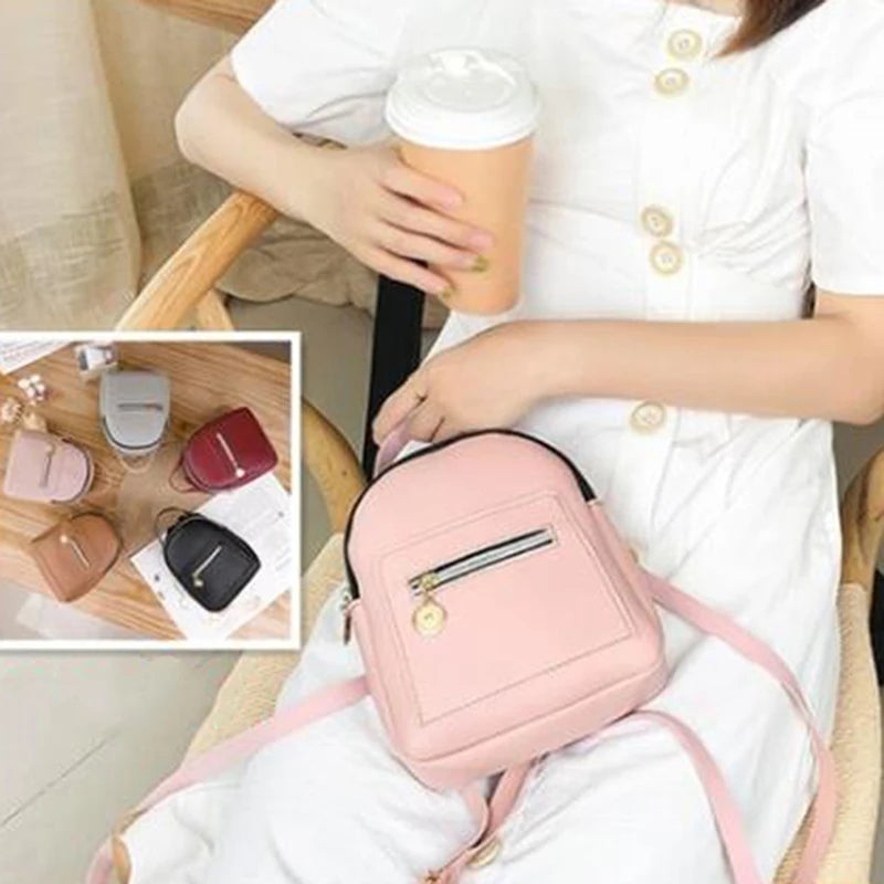 PU Leather Small Backpack For Teenage Girls Zipper Shoulder Bag Knapsack