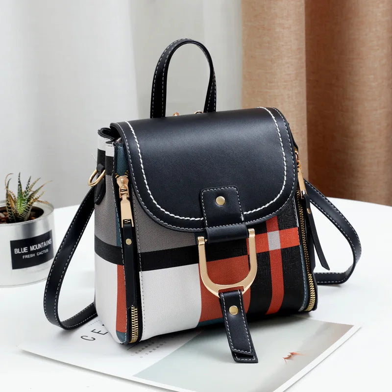 Vintage Plaid PU Leather Women Backpack Anti-theft Shoulder Bag