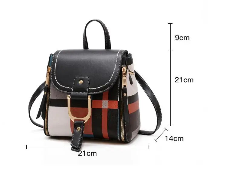 Vintage Plaid PU Leather Women Backpack Anti-theft Shoulder Bag