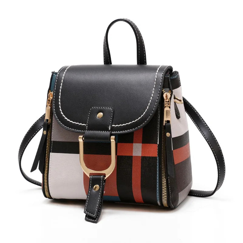 Vintage Plaid PU Leather Women Backpack Anti-theft Shoulder Bag