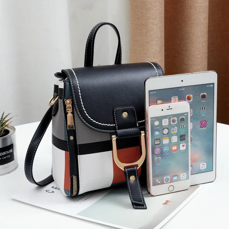 Vintage Plaid PU Leather Women Backpack Anti-theft Shoulder Bag
