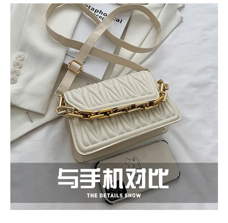 Pleated Chain Quilted Bag Crossbody Purse Retro Casual Shopper