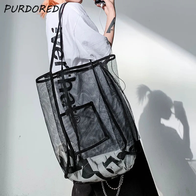 Large Mesh Shopping Bag Reusable Transparent One Shoulder Beach Bag
