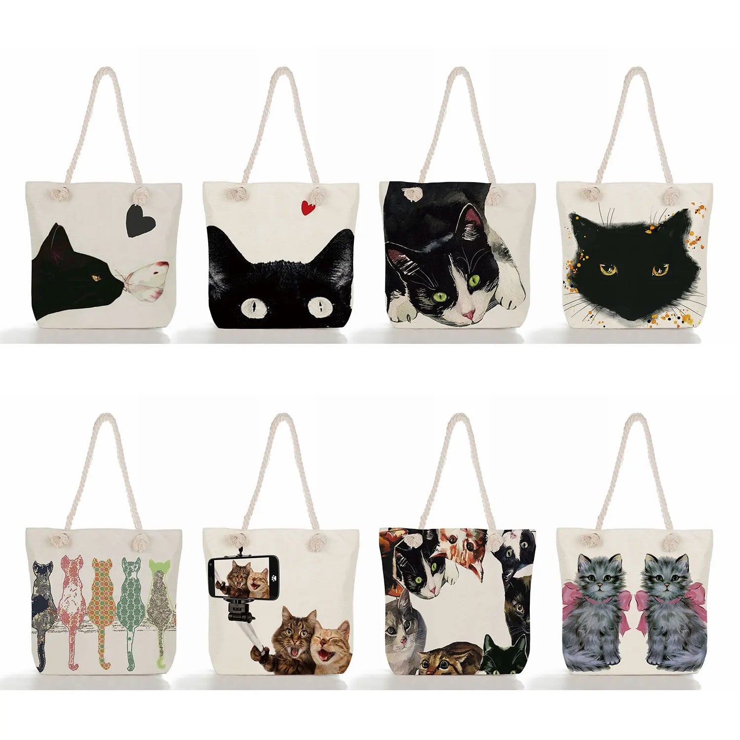 Watercolor Cat Printed Womens Tote Bags Eco Reusable Shopping Shopper Bags
