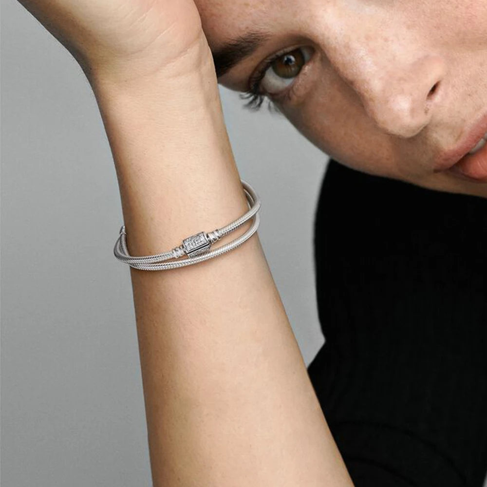 925 Silver Double Wrap Barrel Clasp Bracelet Snake Beads Dangle DIY