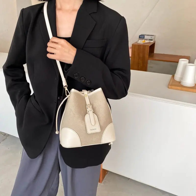 Patchwork Bucket Leather Crossbody Bag for Women