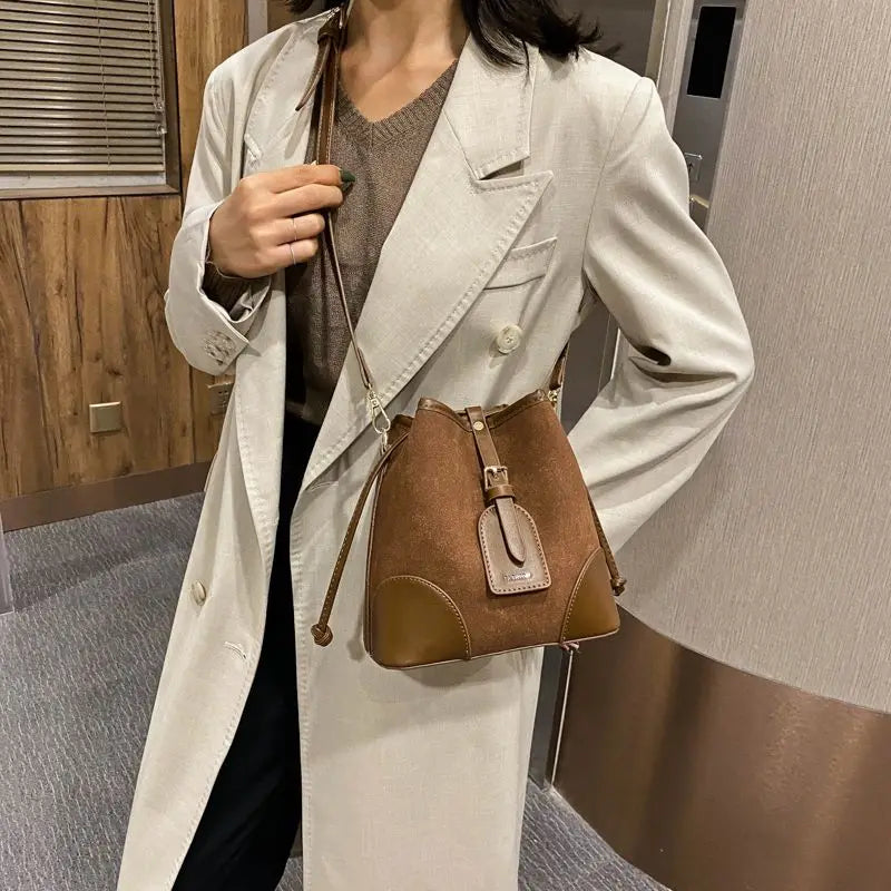 Patchwork Bucket Leather Crossbody Bag for Women