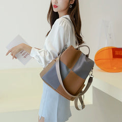 Patchwork Women Backpack PU Leather Shoulder Bag Waterproof Bookbag