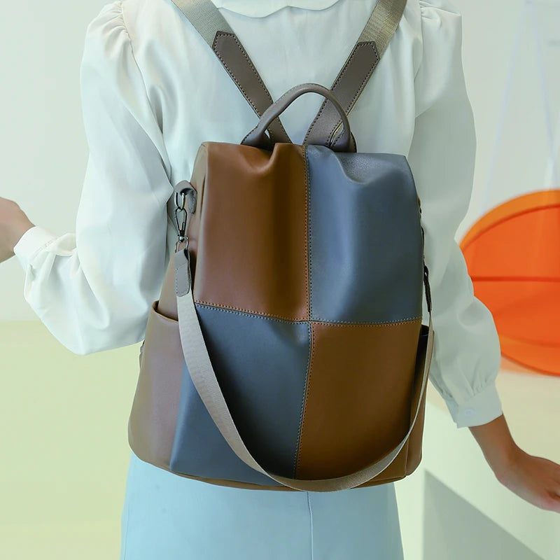 Patchwork Women Backpack PU Leather Shoulder Bag Waterproof Bookbag