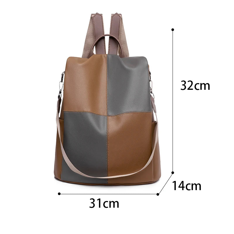 Patchwork Women Backpack PU Leather Shoulder Bag Waterproof Bookbag