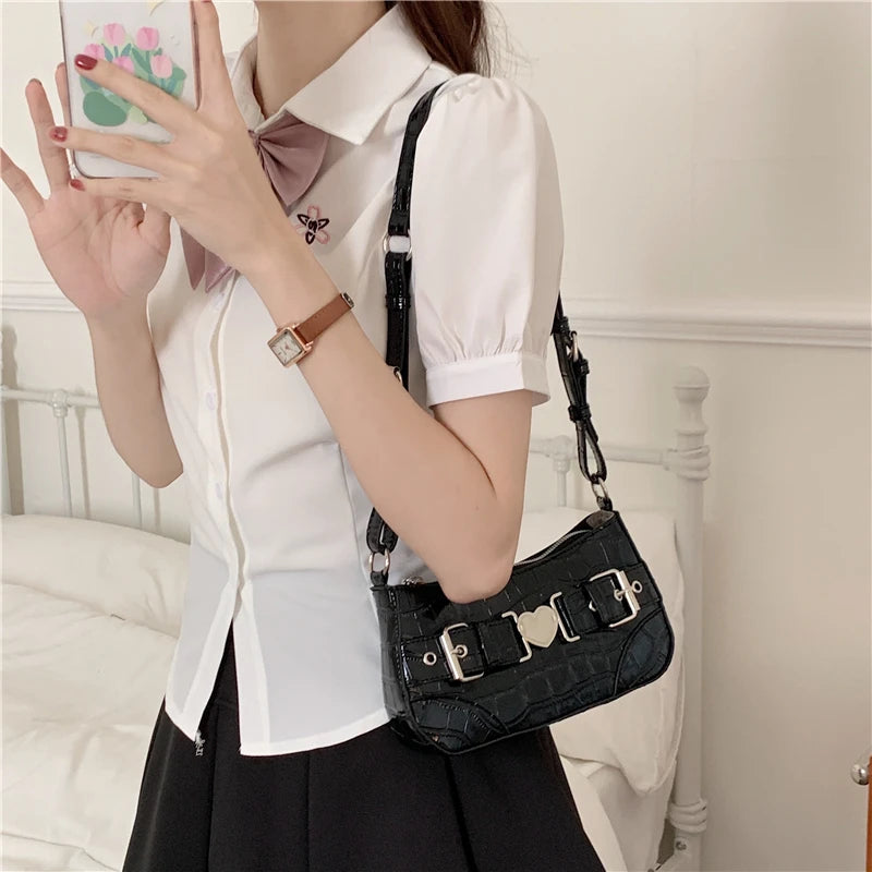 Vintage Patent Leather Women Underarm Bag Crocodile Pattern Female Handbags