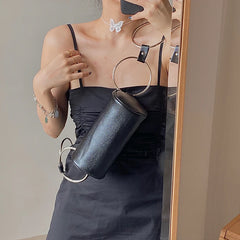 Personality Women's Bucket Bag Metal Ring Shoulder PU Leather