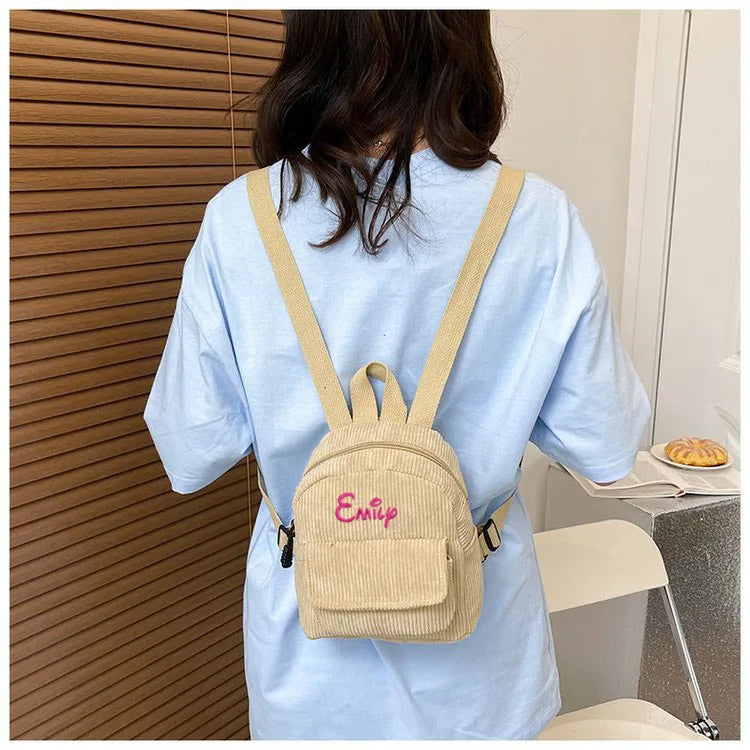 Embroidered Retro Corduroy Mini Backpack